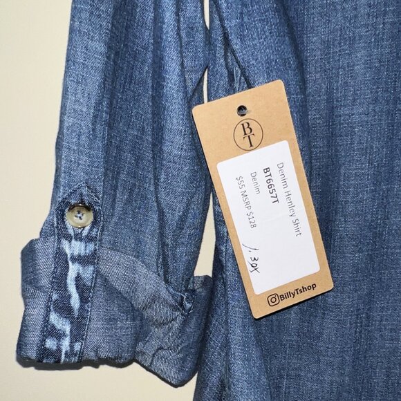 Billy T Denim Henley, with Roll Tab Sleeves, Shirt New with Tags new - Picture 6 of 10